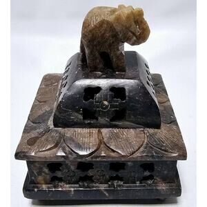 Vintage Carved Stone Elephant Trunk Up Incense Burner Holder/ Trinket Box